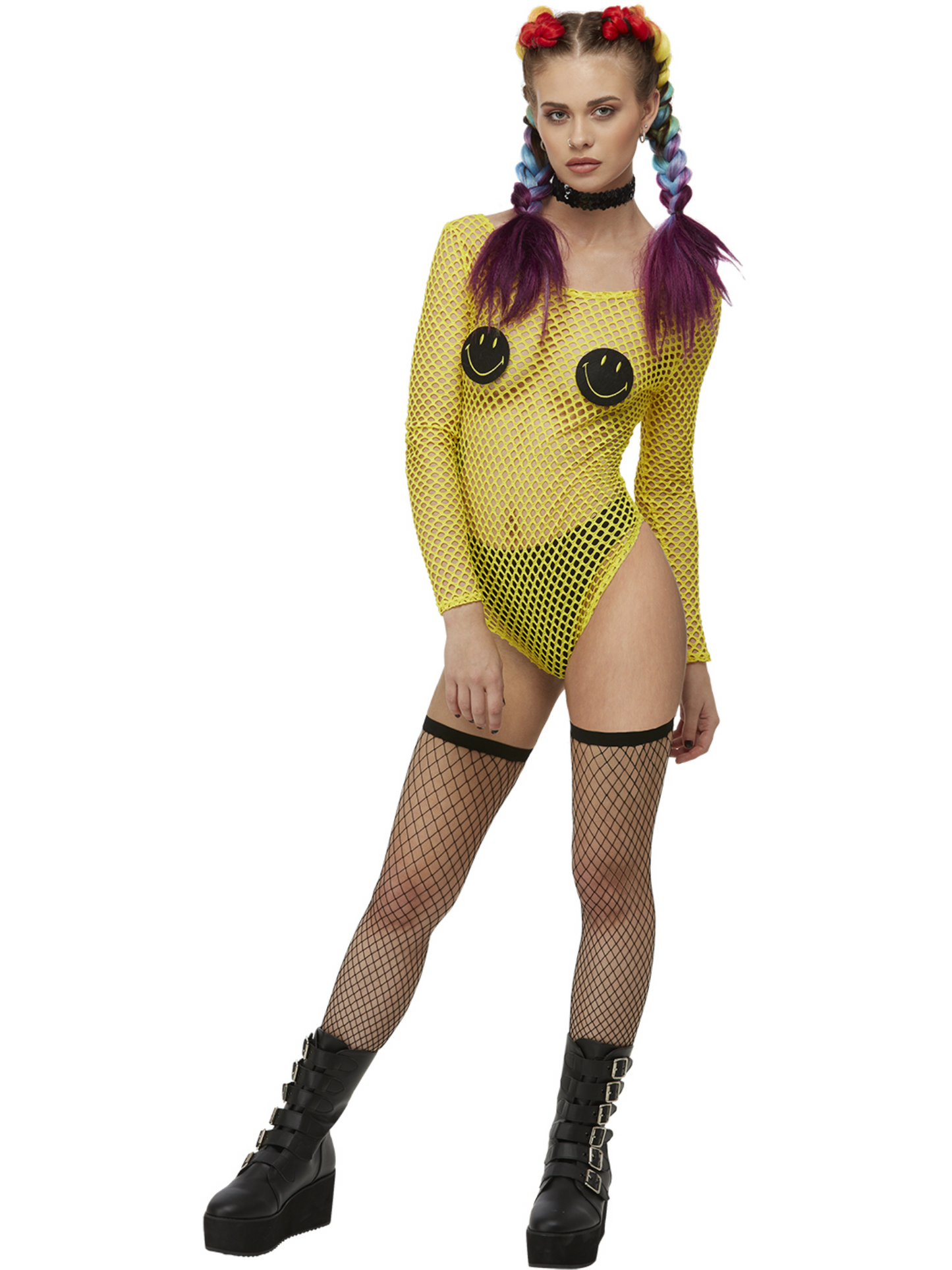 Smiley Fishnet Bodysuit, Yellow