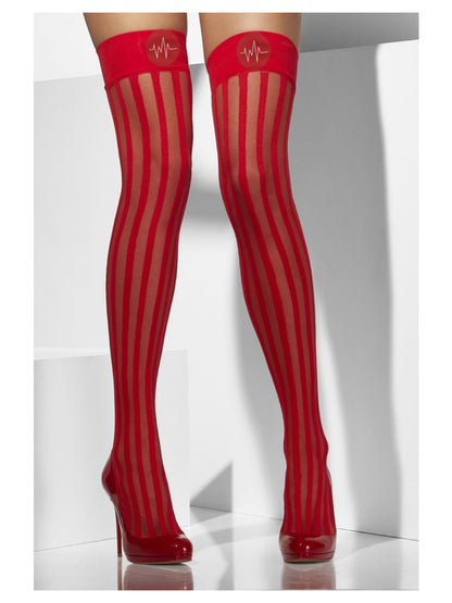 Red Sheer Hold Ups with Vertical Stripes Alt 1